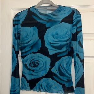 SHEIN Black & Blue Rose Print Long Sleeve Mesh Top